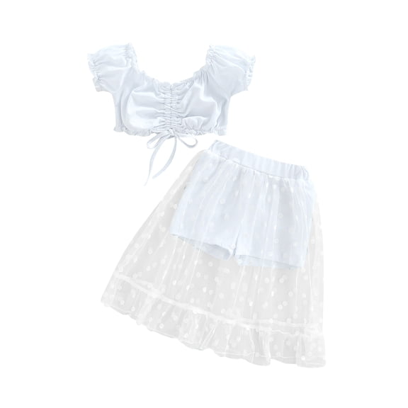 LMLYSoH Girl's Two-Piece Suit, Toddler Kid Girl Ruffle Trim Drawstring Pleated Short Sleeve Tops Patchwork Mesh Shorts