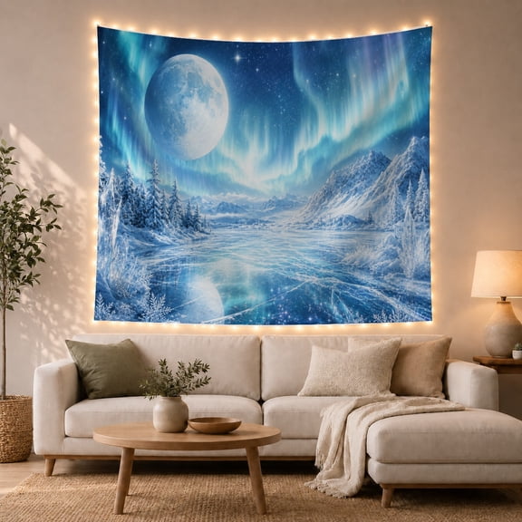 Aurora Lights Over a Frozen Lake Under a Full Moon, Serene Fantasy Style for Nature Lovers, Winter Wall Art, Christmas Gift, Tapestry Wall Hanging for Bedroom and Living Room
