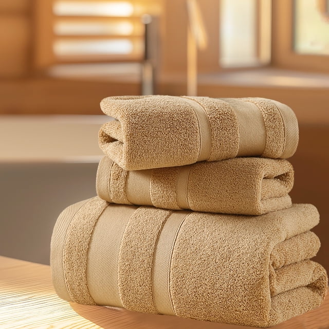 Juego de tres toallas | Toalla de baño grande, suave y absorbente, toalla de mano | Extra grande (70 x 140 cm) | Poliéster resistente | Colores blanco, café y gris | Para uso doméstico y de viaje