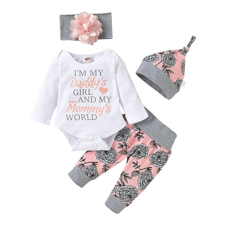 

Yuanyu 4PC Infant Baby Girls Romper Pants Set Headband Hat Clothes Outfit Set 0-18 Months