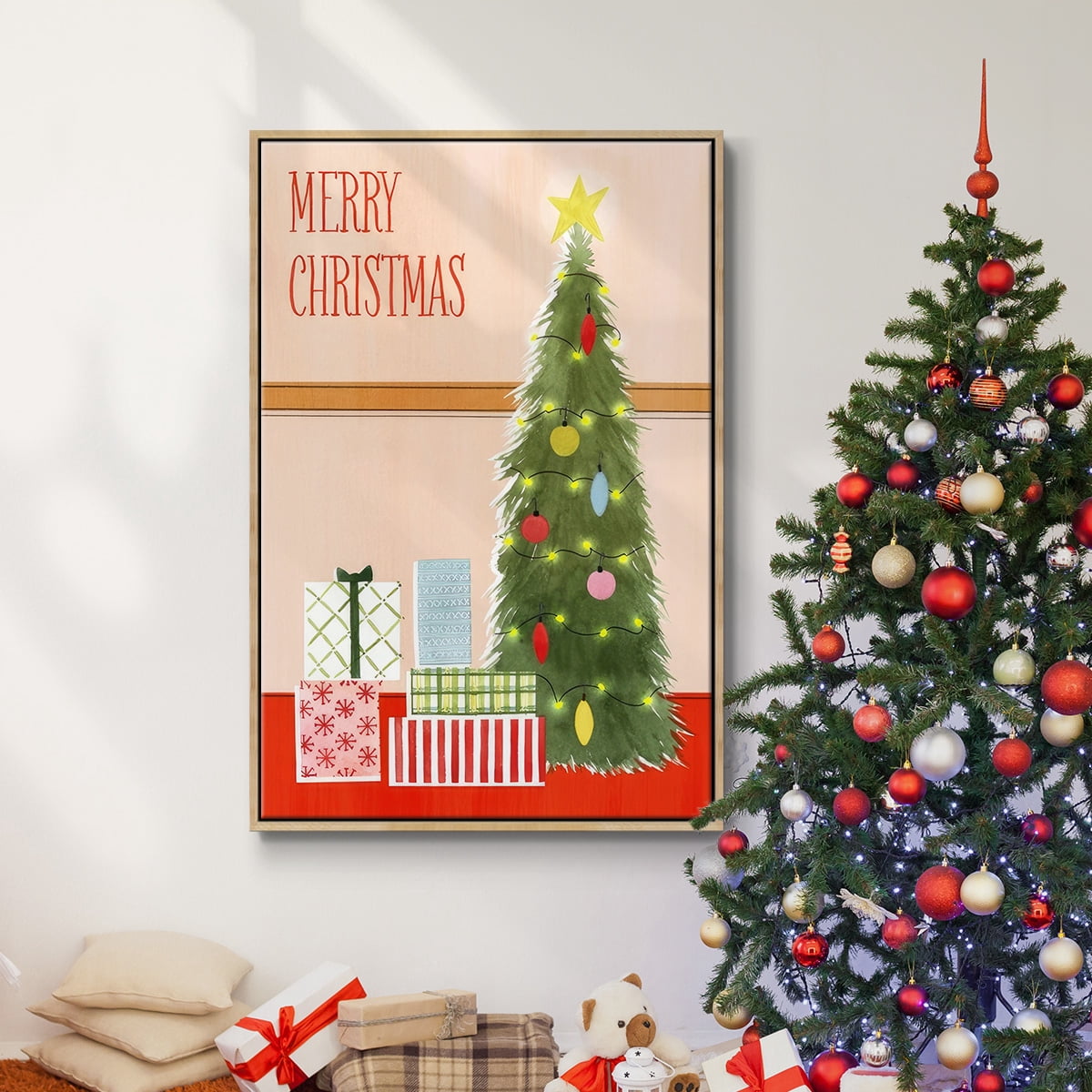 Christmas Stockings Collection B - Framed Gallery Wrapped Holiday Canvas - 27 x 41 - Natural Wood Frame