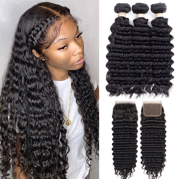 Brazilian Deep Wave Human Hair Bundles with 4x4 Lace Closure 10A Unprocessed Virgin Hair Natural Black