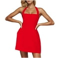 thumbnail image 5 of Qiopertar Women's Casual Halter Neck Dress Sleeveless Square Neck Solid Color Short Dress Stylish Comfy Vacation Beach Party, Red L, 5 of 7