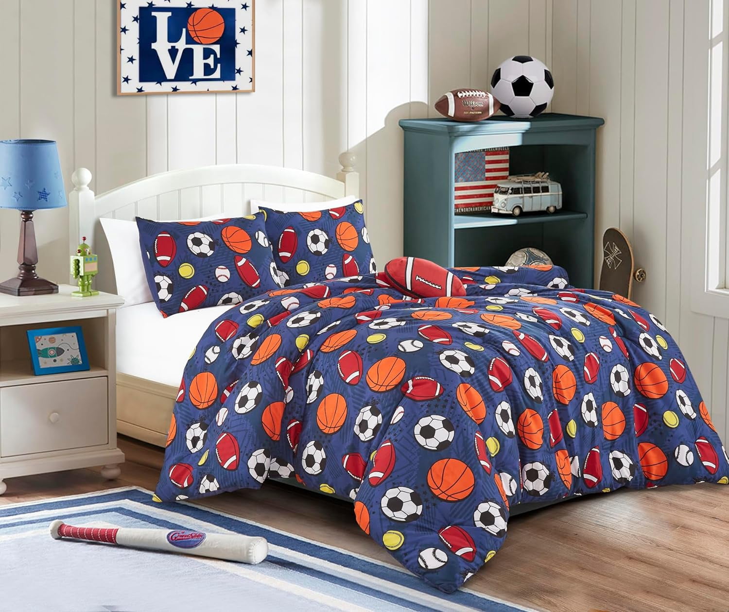 Chezmoi Collection 3-Piece Kids Sports Balls Bedding Comforter Set Twin Size - Soft Microfiber Navy Blue Gray Orange White Printed Football Soccer Basketball Baseball Tennis Sports