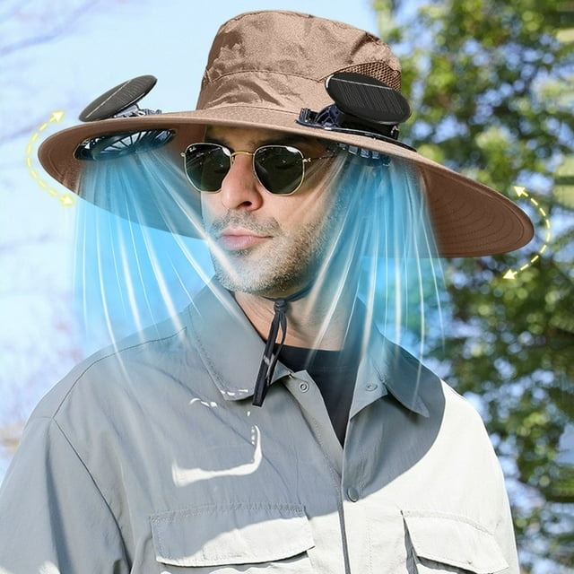 Beige Solar Powered Usb Wide Brim Fan Hat High Wind Cooling System Outdoor Fishing Sun Protection Hat