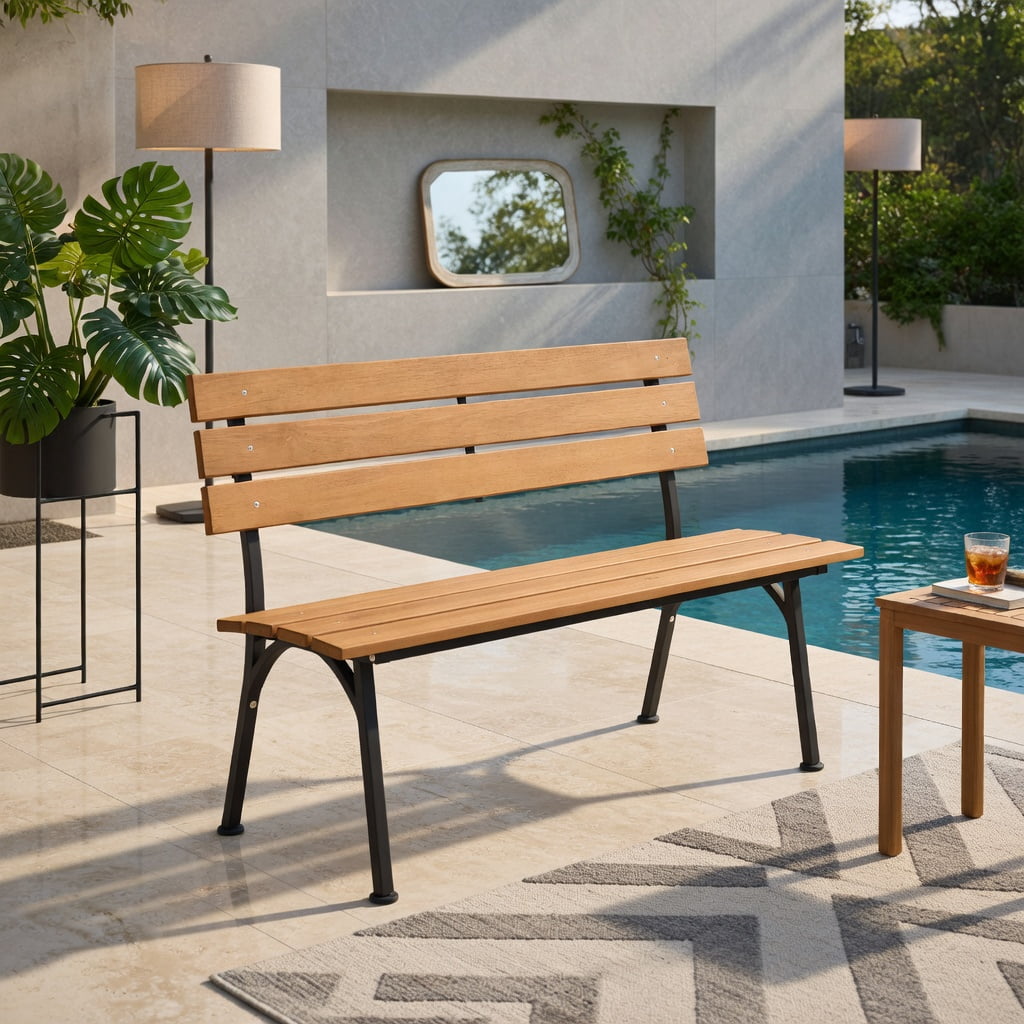 Hommoo 47" Outdoor Acacia Wood Bench with Black Metal Frame, Slatted Patio Bench for Backyard, Garden & Porch, Natural