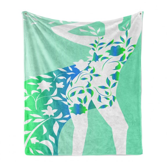 Floral Soft Flannel Fleece Blanket, Fashion Woman Girl Body with Flower Petal Leaves Modern Design Model Image, Cozy Plush for Indoor and Outdoor Use, 60" x 80", Turquoise Teal White, by Ambesonne