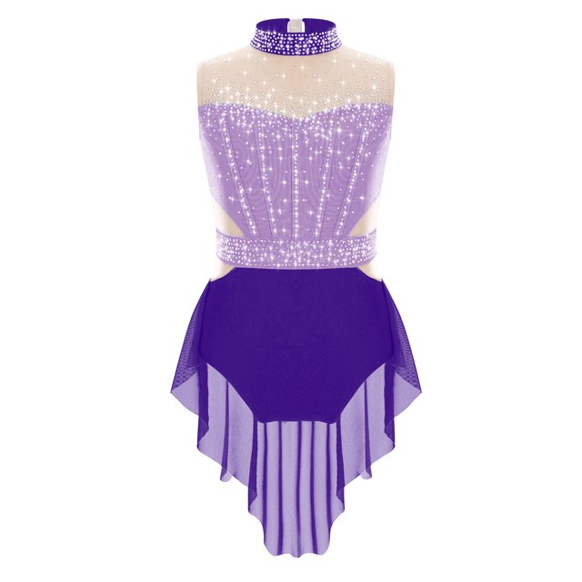 YONGHS Robe de Patinage Sans Manches pour Filles avec Strass, Jupe de Danse Ballet Lyrique, Justaucorps de Danse Violet 10
