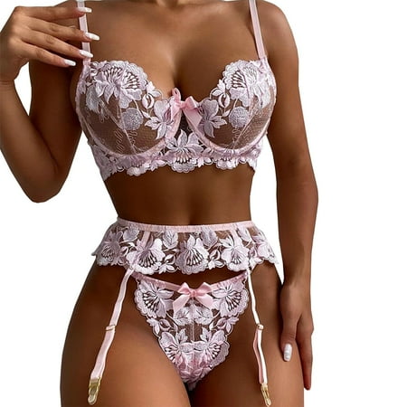 

Vedolay Matching Bra And Panty Sets Thong Garter 3pcs Underwear Suit + Underwire + Sexy Lace Set Fashion Bra Pun Underwear(Pink M)