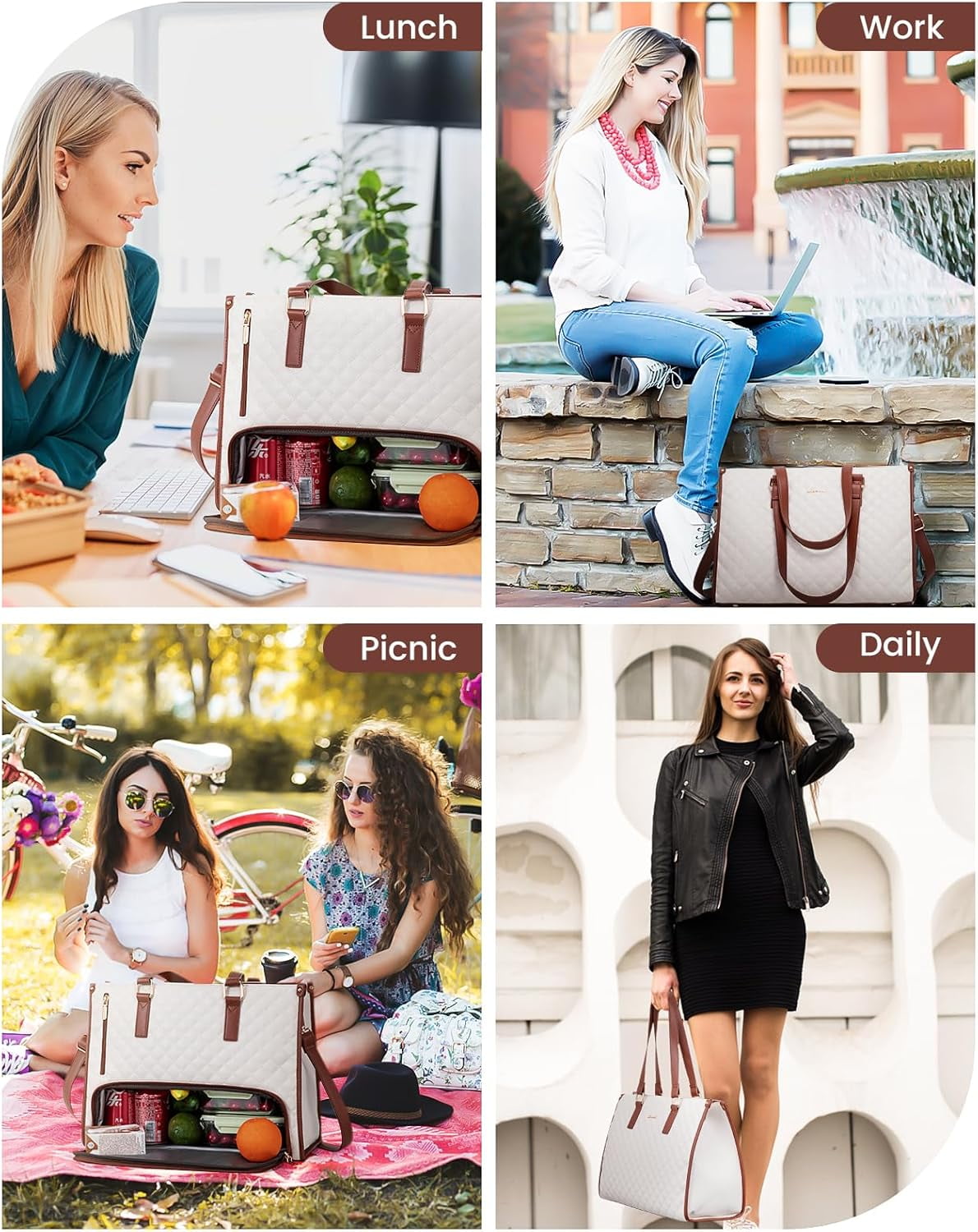Lovevook Work Tote Bag for Women, Classic Quilted Pu Leather Handbag Purses with 15.6 in Laptop comparment and Insulated Lunch Compartment better for work lunch nurse college picnic drinks casul