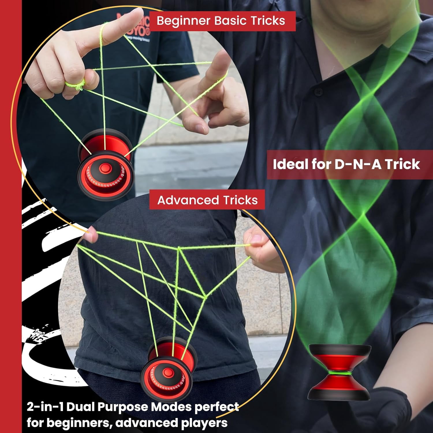 Magicyoyo V13 DEEPSPIN Bi-Material Yoyo for Kids 8-12, Dual Purpose Professional Yoyo for All Skill Levels, Trick Yo yo with 12 Yo-yo Strings, Finger Brace, Bearing Kit (Red+Black Rings)