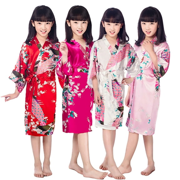 KYAIGUO Kids Girls Silk Satin Robes Teen Girls Bathrobe Cardigan long Pajamas for 2-14T,Baby Sleepwear Little Big Girls Floral Comfort Toddler Satin Silk Nightwear Pajama Bathrobe Lounge