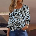 thumbnail image 7 of CYMMPU Women's Summer Fall Tunic Tops Vintage Basic Tees Floral Printed 3/4 Length Sleeve Pleated Slanted Neck Swing Shirts Business Work Blouses 2025 Clothes Navy S, 7 of 7