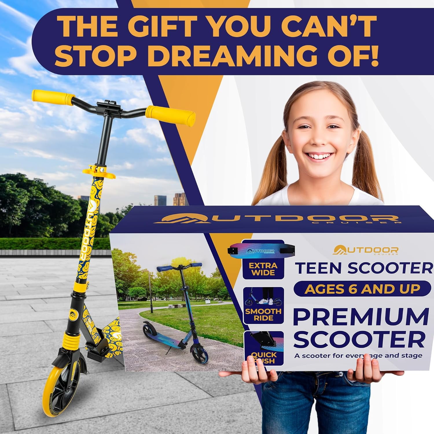 Outdoor Cruiser Kick Scooter for Ages 6+, for Kids, Teens, and Adults, Max Load 250 LBS, Foldable, 8-inch Big Wheels, Dual Suspension, 3 Adjustable Levels, Child Safety Approved, Yellow