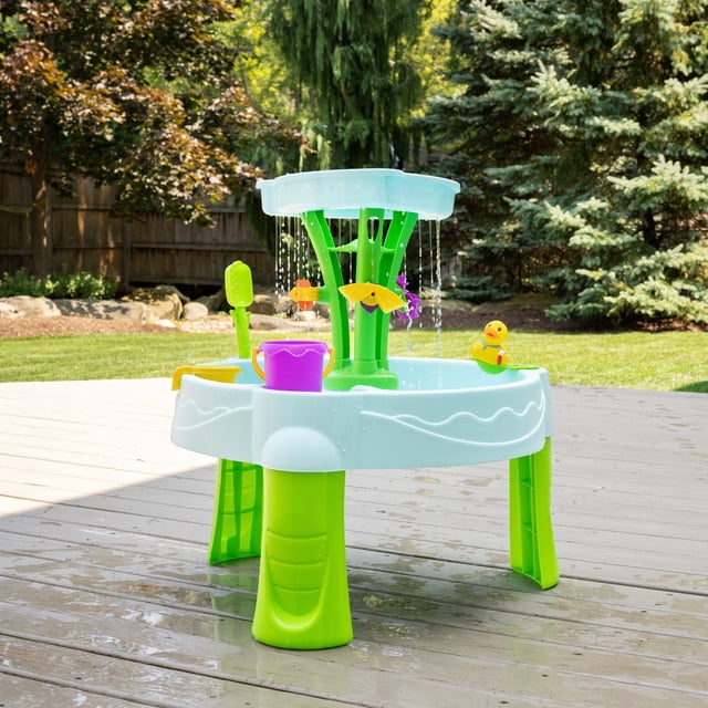 Table à eau Step2 Spring Time Splash pour enfants, table sensorielle d'eau pour enfants en extérieur, pour enfants de 1,5 ans et plus, 8 accessoires de jeu d'eau, bleu et vert
