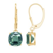 Rosec Jewels Cushion Shaped Created Green Sapphire Solitaire Drop Earrings for Women - 8 mm - AAA Quality - Lever Back, 10K Yellow Gold