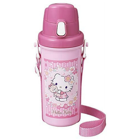 Hello Kitty - 600ml Pink Water Bottle with Push-Button Cover and Strap (Made in Japan)