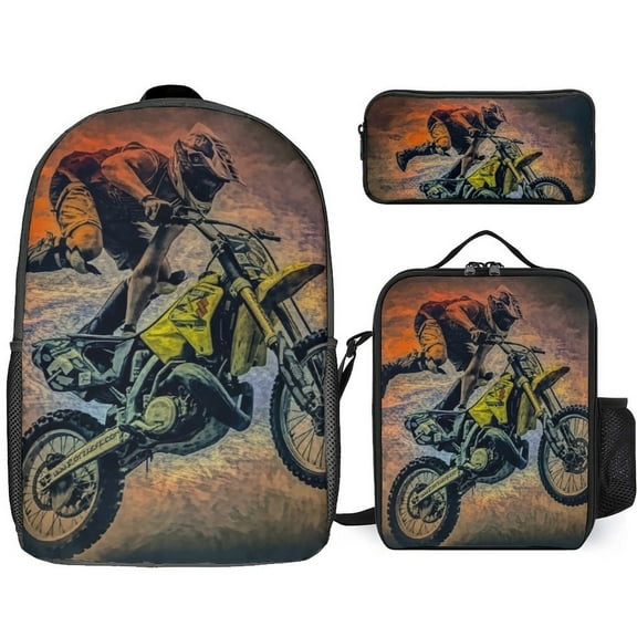 3PCS Backpack Set with Lunch Bag Pencil Case Dirt Bike Motorcycle Race Bookbags Knapsack Daypack Outdoor for Men Women