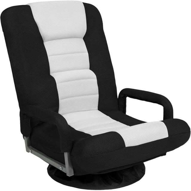 Songqin Swivel Gaming Chair 360 Degree Multipurpose Floor Chair Rocker for TV, Reading, Playing Video Games w/Lumbar Support, Armrest Handles, Adjustable Foldable Backrest - Black/White