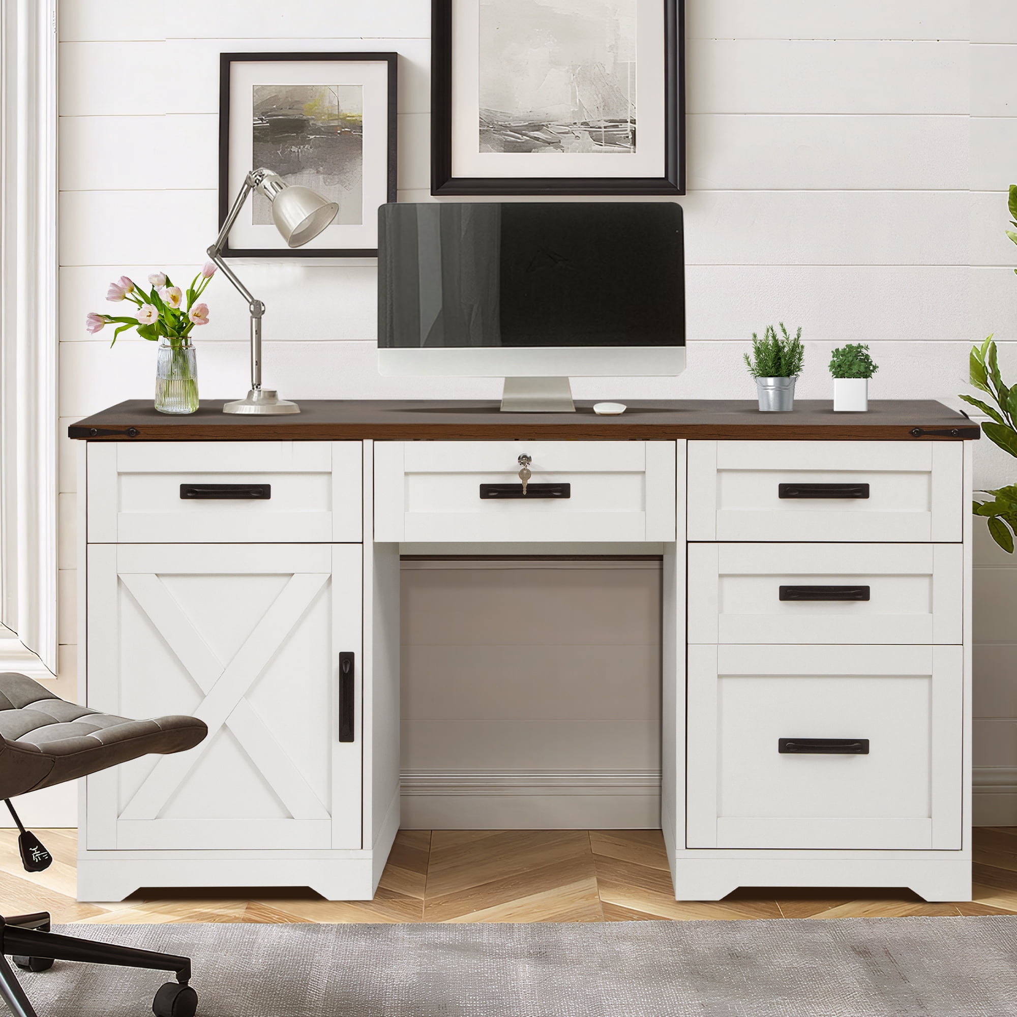 Magic Union 60" Farmhouse Executive Desk with Drawers, Wood Home Office Desk with Charging Station, Keyboard Tray, Computer Writing Desk with Filing Cabinet Drawers for Work Study, Antique White