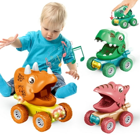 Baby Dinosaur Toy for 2-5 Years Old Boy, Toddler Monster Trucks Pull Back Cars 3PCS, Flashing Lights Dino Roar Music Learning Toys, Birthday Gifts for Kids Age 3 4