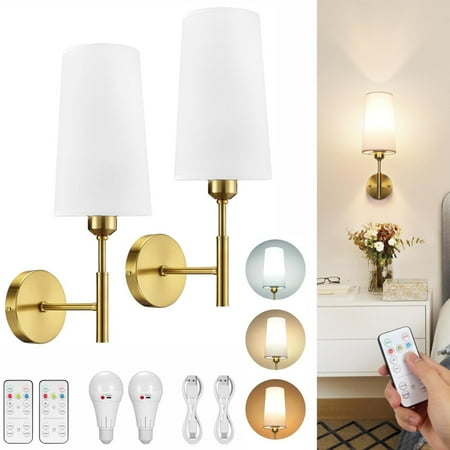 

Wall Sconces Set of 2 Battery Operated Wall Sconce with Remote Control Wireless Wall LIghts Dimmable Wall Lamp with White Fabric Shade Not Hardwired Wall Light Fixture For Bedroom Bulb Included