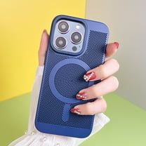 Heat Dissipation Steel Mesh Magnetic Attraction Case Cover for iPhone 14 Pro, Luxury Ultra Slim Cooling Breathable Mesh Wireless Charging Phone Case for iPhone 14 Pro, Navyblue