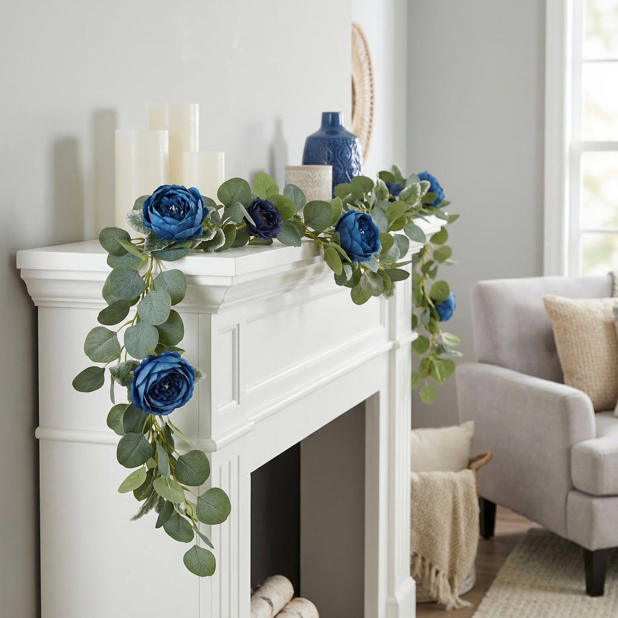 Unique Bargains 4Pcs Artificial Eucalyptus Garland Faux Flower Vine Blue Red 71inch