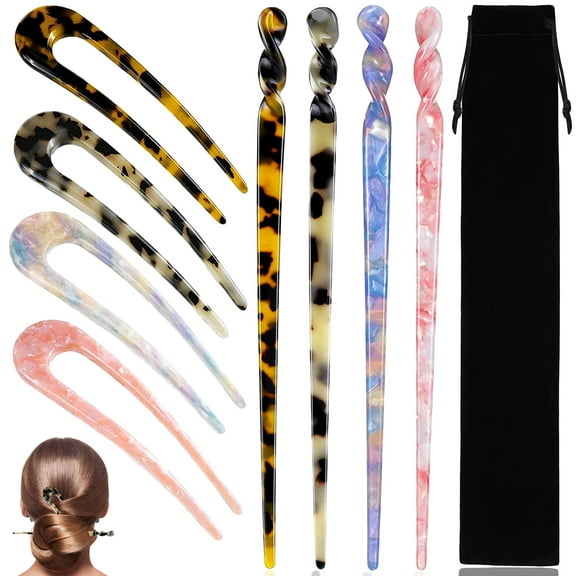 8 Pieces Acetate Hair Sticks Leopard Printed Hairpins U Shaped French Hair Pin Chopsticks Forks Accessories for Women and Girls' Long Shawl Hair