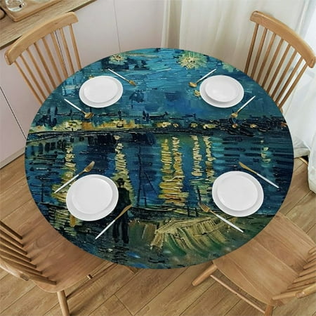 

Patifu Beach Couple City Round Table Cover Stain Resistant Washable for Indoor Outdoor Kitchen Dining Wedding Parties 100% Polyester Fiber Outdoor Fitted Tablecloth 54 -58