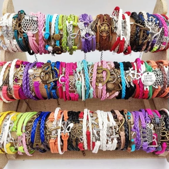 HOOUN 30Pcs Handmade Vintage Leather Bangle Rope Multilayer Braided Bracelet Wristband-30pcs Opp Bag
