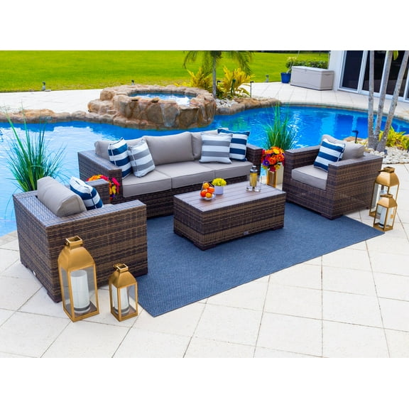 Sorrento 4-Piece M Resin Wicker Outdoor Patio Furniture Conversation Sofa Set in Brown w/Loveseat, Two Armchairs, and Coffee Table (Flat-Weave Brown Wicker, Polyester Light Gray)