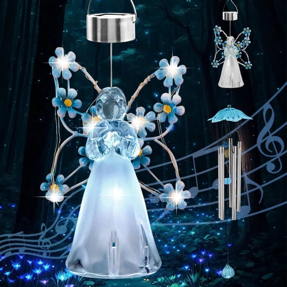 Solar Hanging Angel Wind Chimes with LED Lights, Waterproof Blue Fairy Flower Decor for Garden, Yard, Gazebo, Window & Eave, Unique Outdoor Ornament Gift for Women