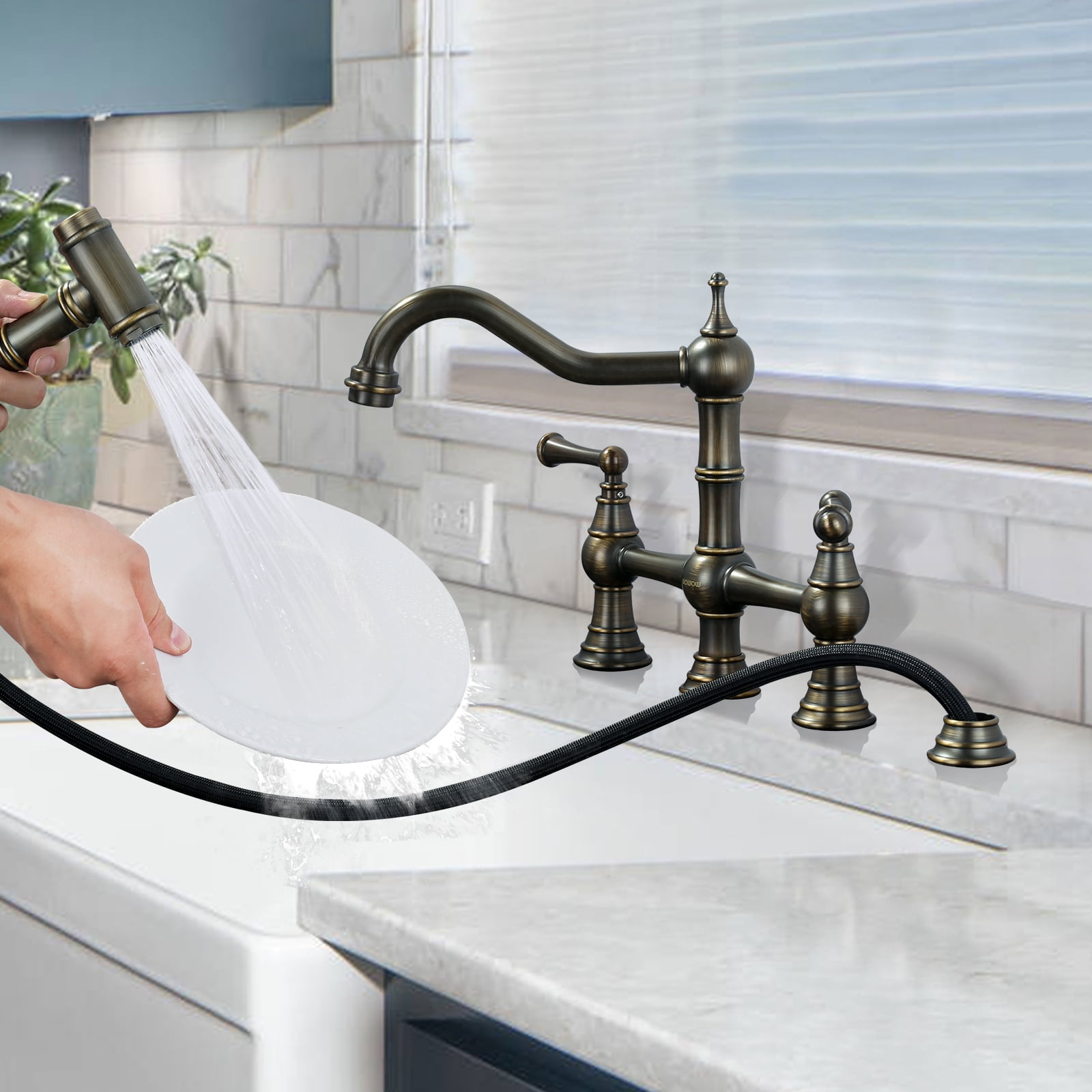 Wowow Double Handle 8 Inch Centerset Bridge Kitchen Faucet with Side Sprayer,Solid Brass Kitchen Faucet in Antique Bronze