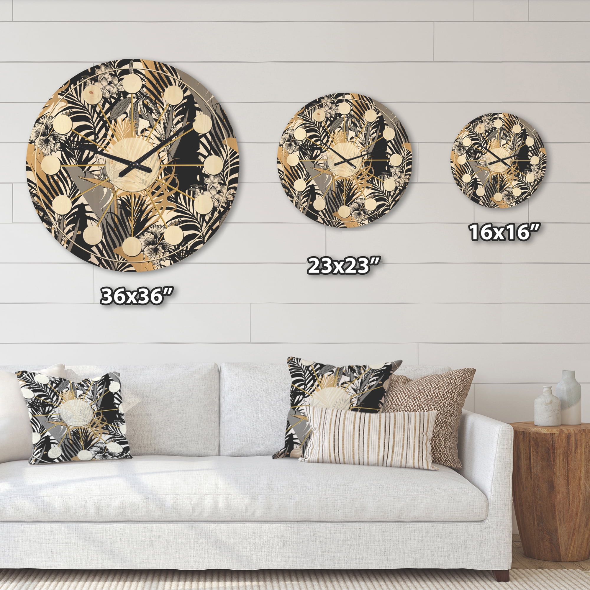 Designart 'Retro Golden Foliage II' Mid-Century Modern Wood Wall Clock