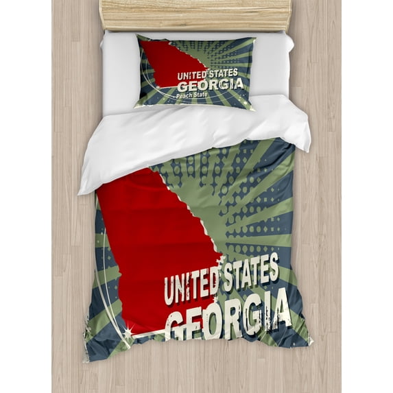 Georgia Duvet Cover Set Twin Size, Grunge Style Pattern of Peach State Wording, Decorative 2 Piece Bedding Set with 1 Pillow Sham, Pale Olive Green Vermilion Slate Blue and Eggshell, by Ambesonne
