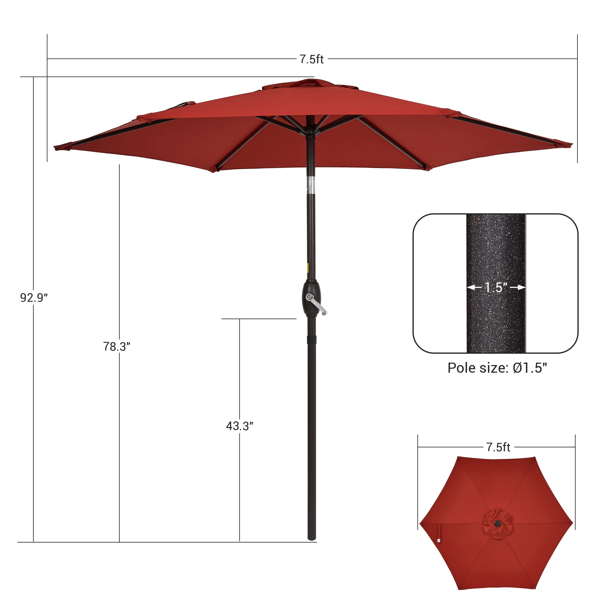 Sonerlic 7.5ft Round Patio Market Umbrella With Steel Frame, Outdoor Table Umbrella for Yard, Poolside and Deck, Chili Red