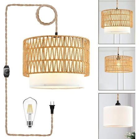 Boho Plug in Pendant Light Rattan Hanging Lights with Plug in Cord,Indoor Hanging Lamp with Dimmer Switch,Wicker Bamboo Woven LampShade Hanging Lamp Plug in for Bedroom Living Room Kitchen Island