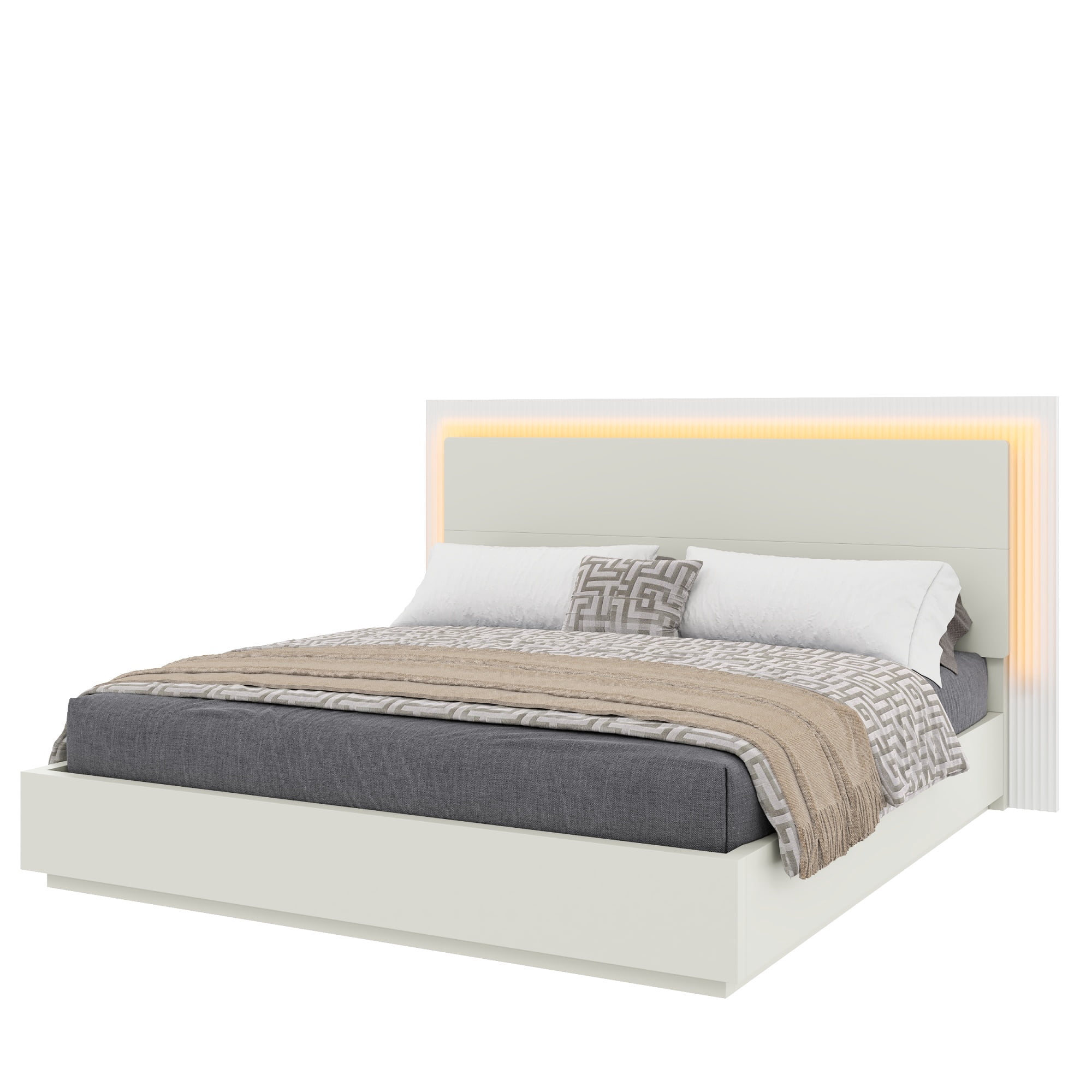 Euroco Wood King Size Platform Bed with LED Light Headboard, No Box Spring Needed, White