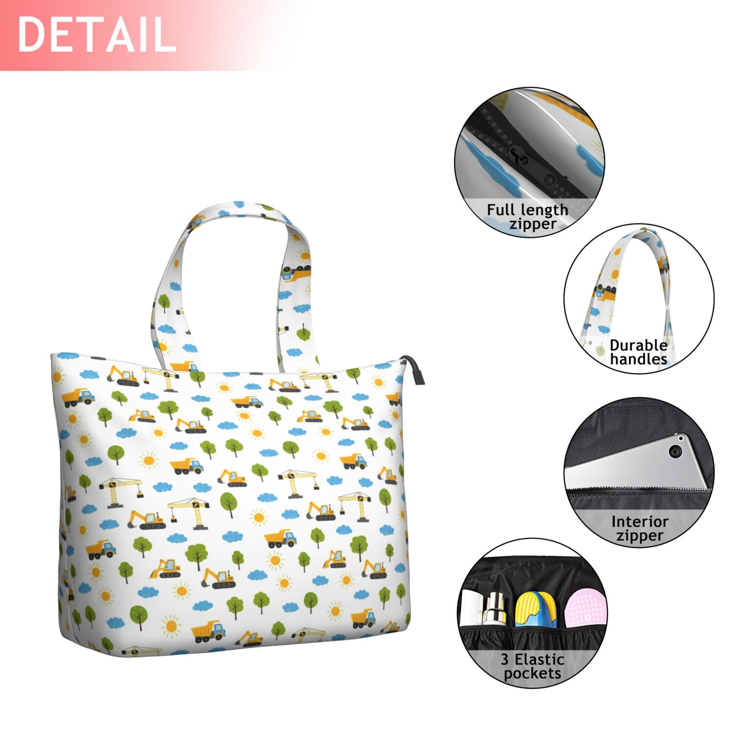 Cartoon Construction Vehicles Suns White Pattern Travel Tote Bags for Women Carry On,Large Weekender Bags for Women Travel,Multi Functional Duffle Bag for Work,Shopping,Sports
