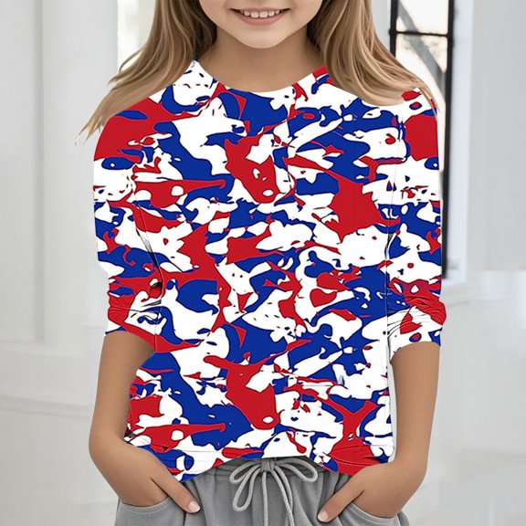 MKOSPLRT 3-12 Years 4th of July Kids Shirts Boys Girls 3/4 Sleeve Crew Neck Funny Tshirts Red White and Blue Tee Shirts Patriotic Shirts