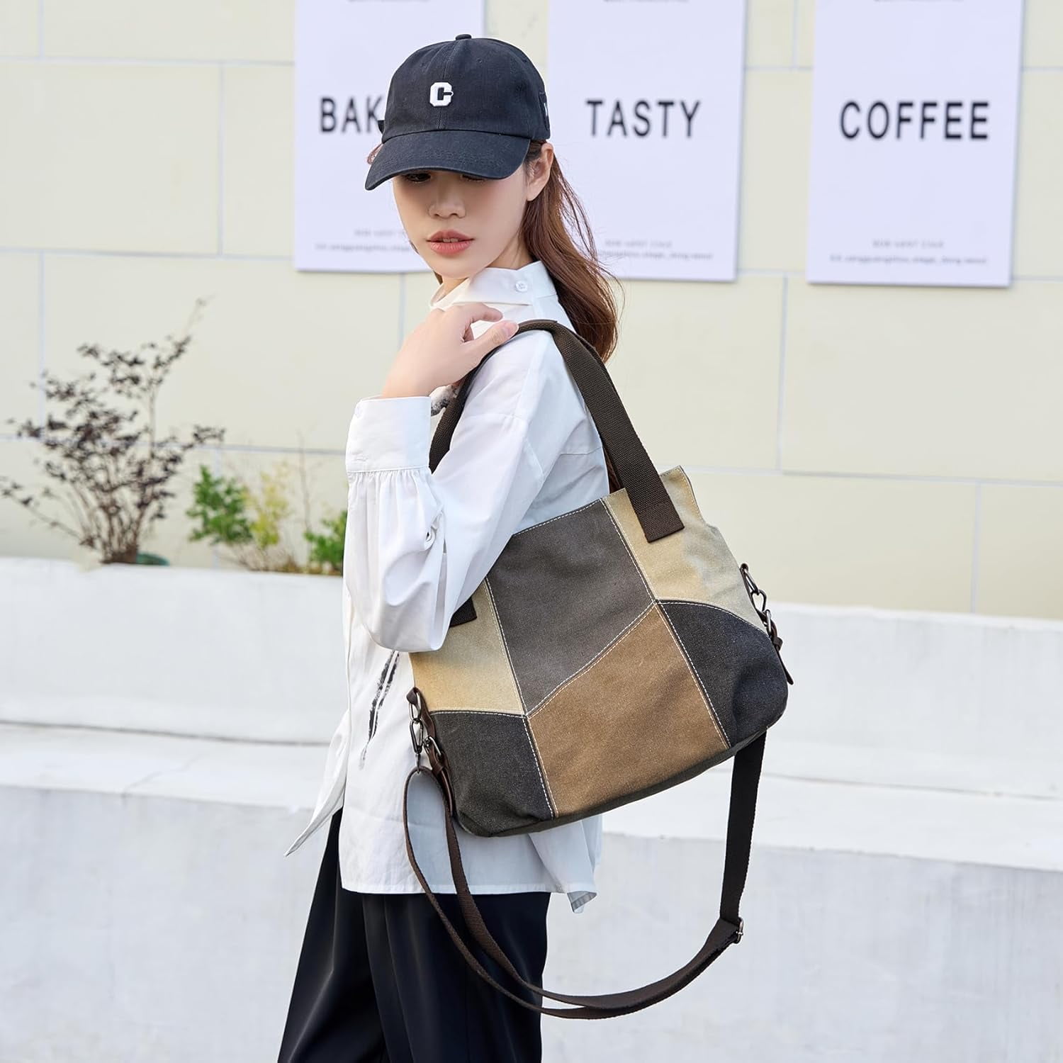 Women's Canvas Tote Purse for Work,Medium Casual Multi Pocket Crossbody Tote Bag with Shoulder Strap