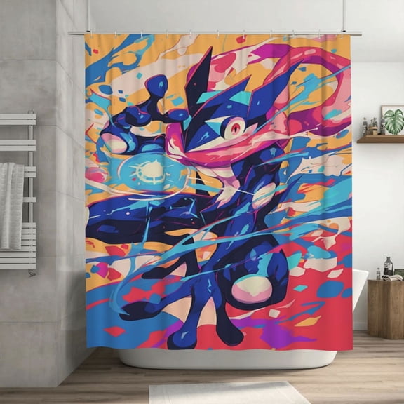 Greninja Shower Curtain Cartoon Art Bath Shower Curtains with 12 Hooks, Waterproof Washable Polyester Bathroom Home Decor Set 72x72 Inch, Plastic