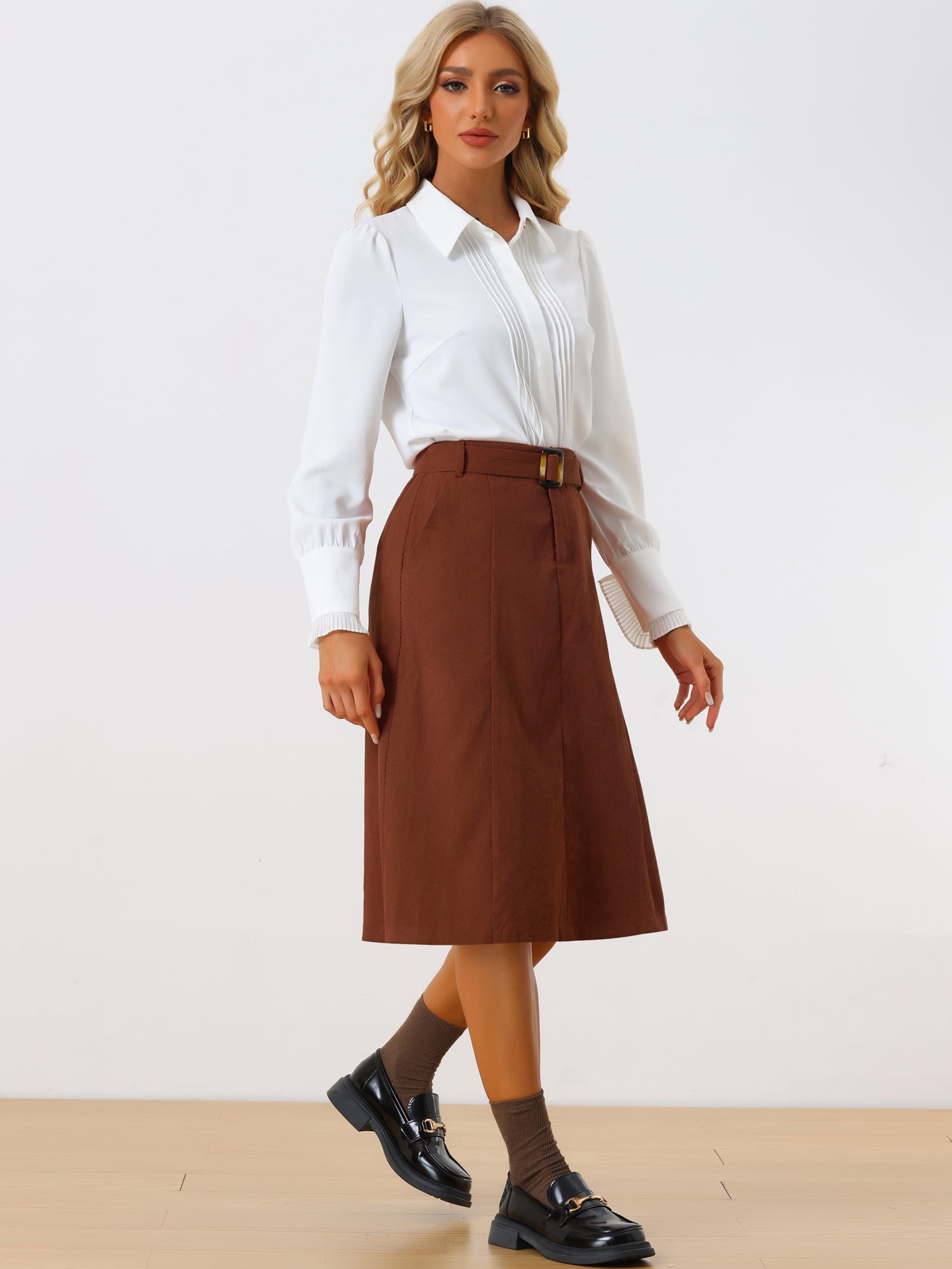 DARING DIVA Women's A-Line Belted Fall Midi Corduroy Skirt S Brown