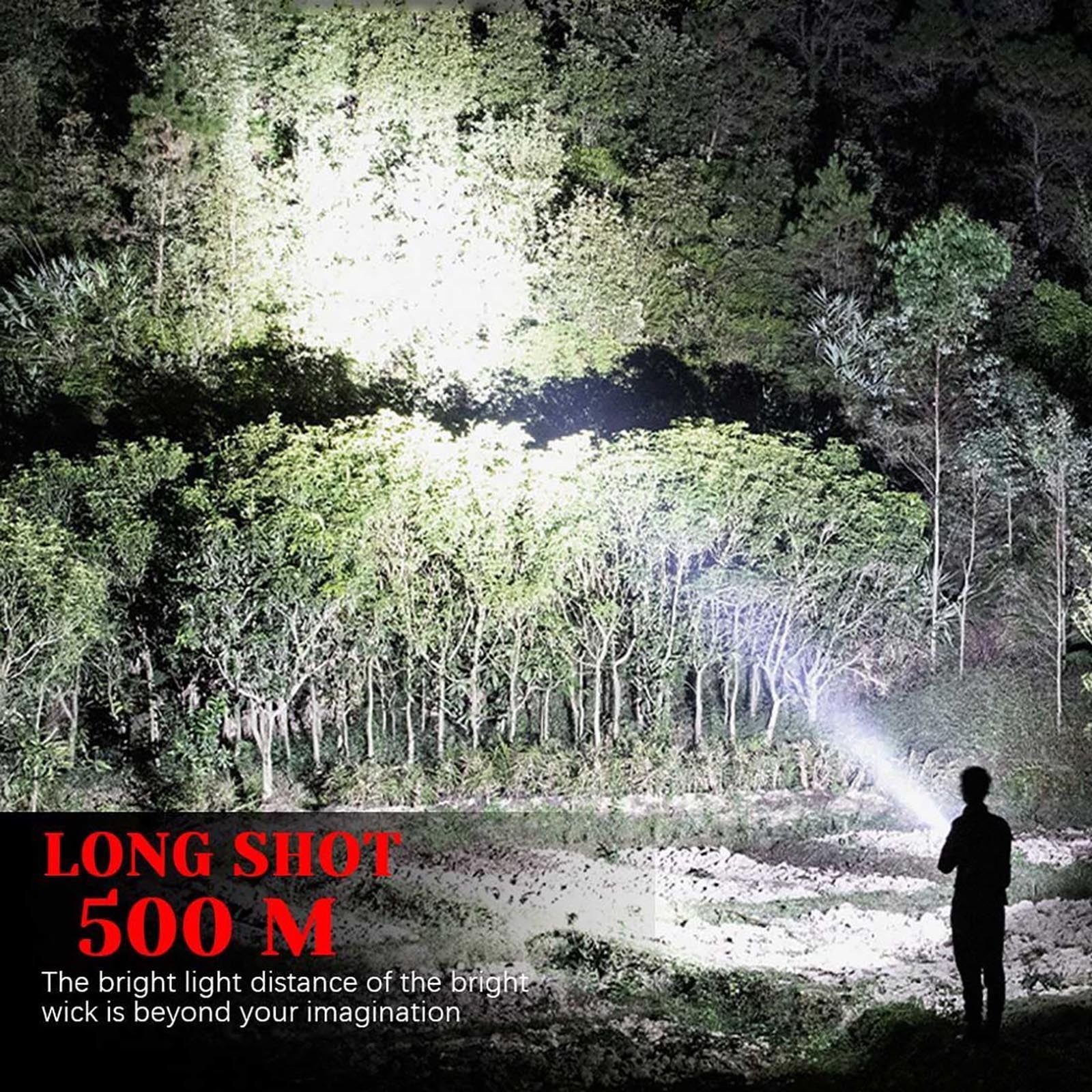 90000 Lumens Rechargeable LED Flashlight XHP Super Bright 500m Beam 4 Modes IPX5 Waterproof 6000mAh Battery USB Power Bank for Camping Hiking Hunting Fishing Outdoor Emergency Searchlight