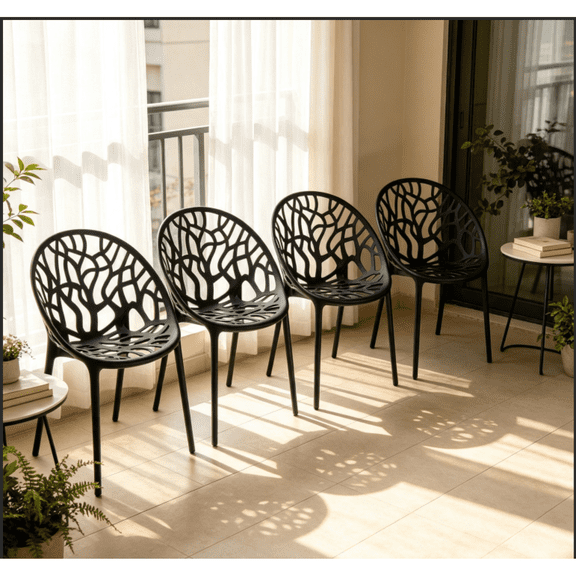 Set of 4 Modern Plastic Dining Chairs with Tree Branch Cutout Backrest Stackable Indoor Outdoor Patio Chairs, Black