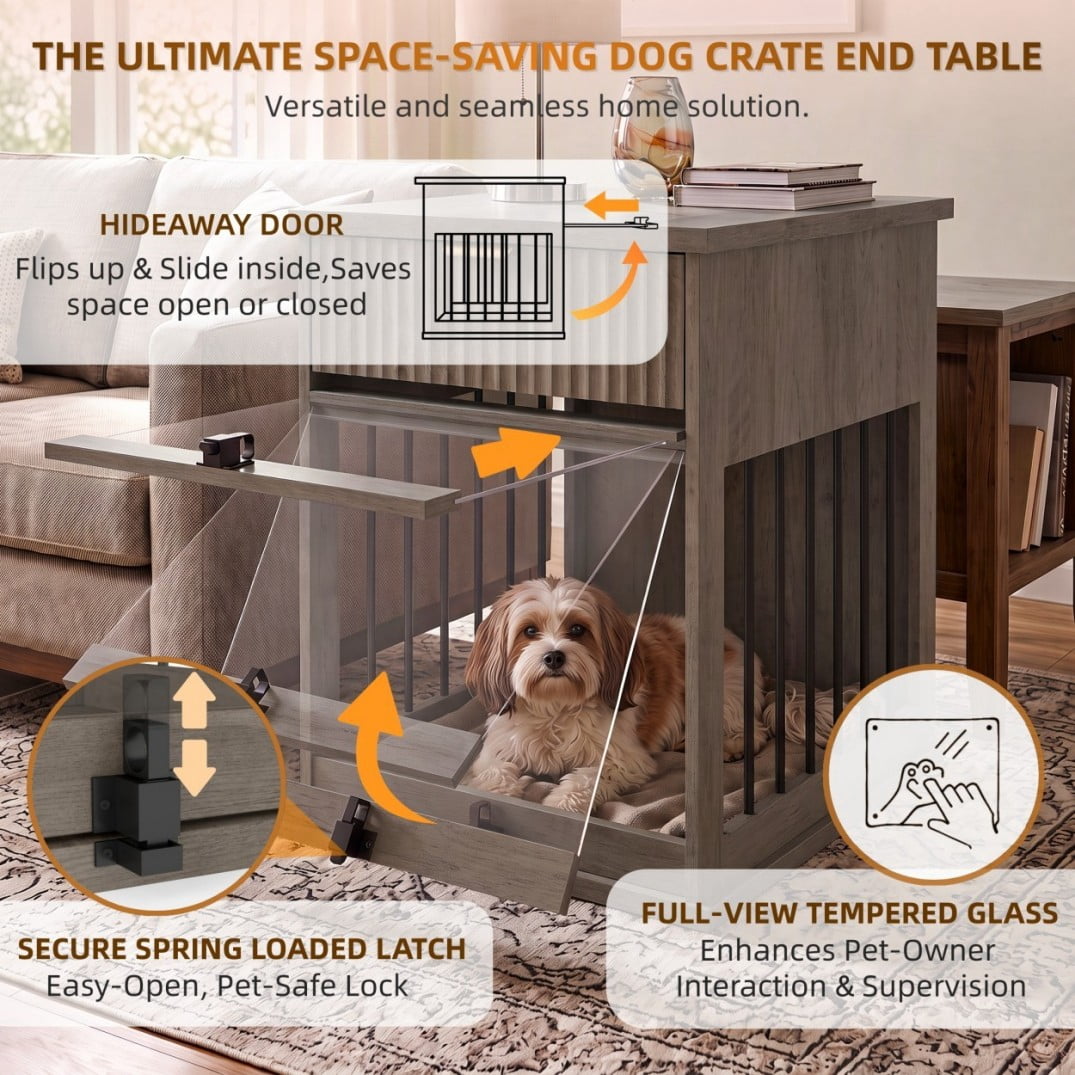 Dog Crate Furniture End Table with Charging Station, Wooden Kennel with Hideaway Tempered Glass Door, Storage Drawer, Indoor Pet House for Small & Medium Dogs, Antique Grey