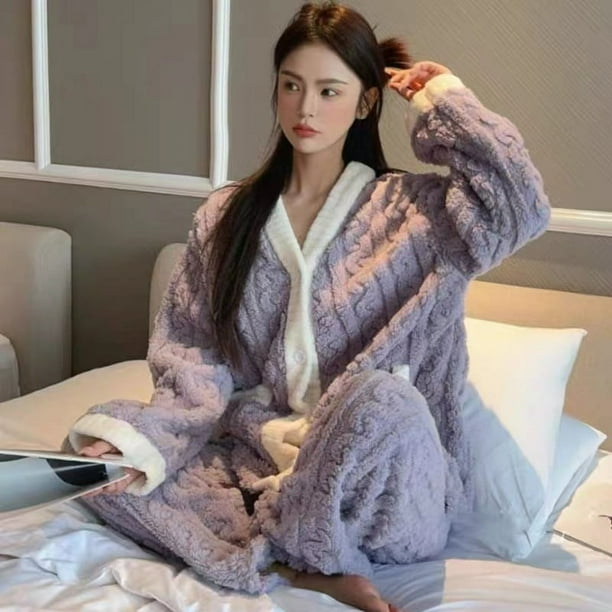 Pijamas de otoño e invierno para mujer, de aspecto alto, con forro polar grueso, ropa exterior holgada, estilo coreano, traje de polar coral para estudiantes, ropa para el hogar