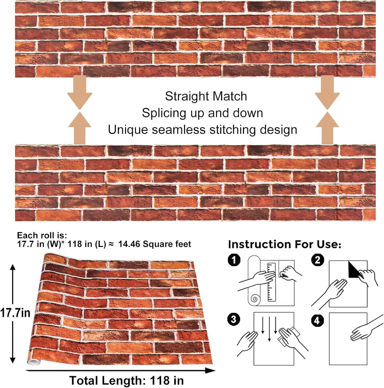 (4 pack) Abyssaly Red Brick Wallpaper Peel and Stick Wallpaper 17.7" x 118" Self Adhesive Removable Vinyl Contact Paper for Bedroom Living Room (Industrial Style)