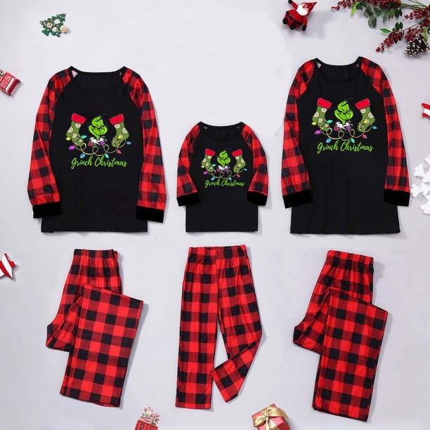 Conjuntos de pijamas navideños familiares a juego Grinch 2024, pijama de Grinch con parte superior y pantalones de pijama a cuadros, pijama de Grinch para niños y adultos para la familia, Mujer S